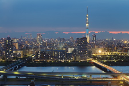 beautiful view of tokyo city with tokyo sky tree at sunset timeのeditorial素材