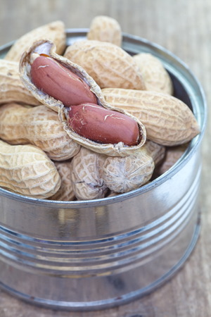 Close - up Raw dried peanut on wood tableの写真素材