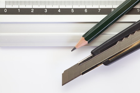 Pencil , knife cutter and Stainless steel ruler for education conceptの写真素材