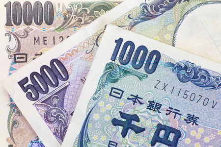 close up of japanese currency yen bank notesの写真素材