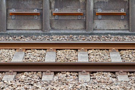Close - up Railroad at train stationの写真素材