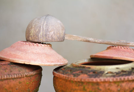 Asian style drinking water dipper made from coconutの写真素材