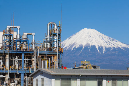 Japan oil refinery plant with mountain Fuji in backgroundの写真素材