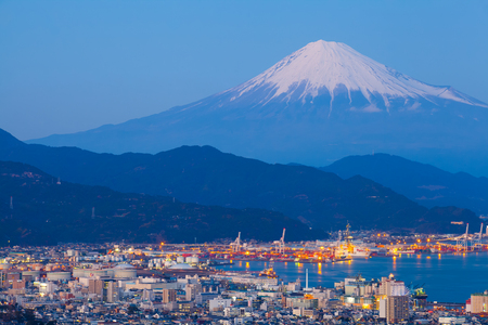 Mountain Fuji and Shimizu city and sea port in evening seen from Nihondaira hillのeditorial素材