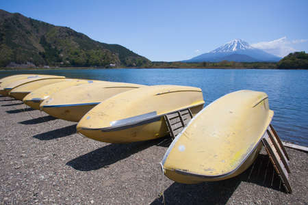 Mountain Fuji and Lake Shoji in spring seasonの写真素材