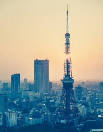 Tokyo city view and Tokyo Tower with sun in vintage style