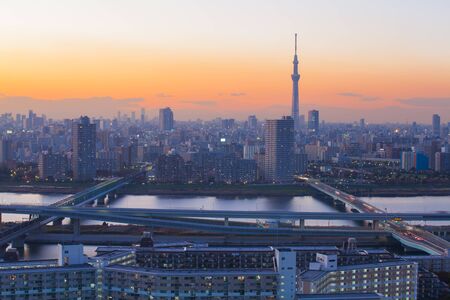 Tokyo city view with Tokyo sky tree and river in eveningの写真素材