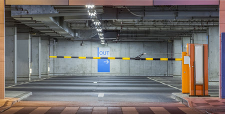 Parking garage underground interior, neon lights in dark