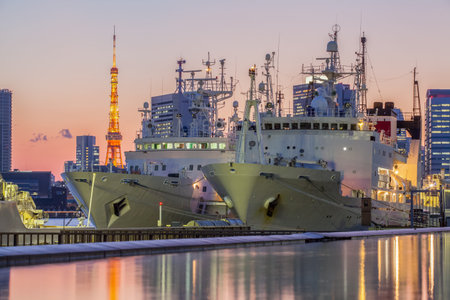 Tokyo sea port and Tokyo Tower in sunset