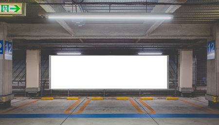 Parking garage underground interior with blank billboard
