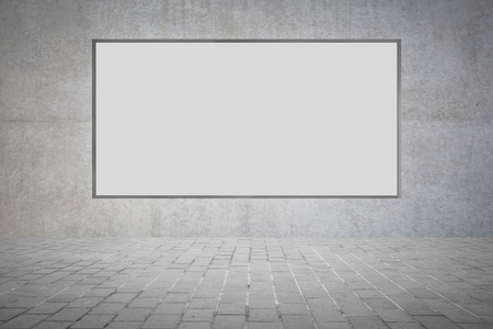 Blank metal billboard on concrete wall backgroundの写真素材
