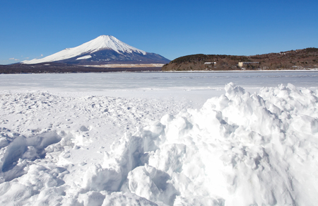 Mountain fuji and Ice lake in winter at Yamanakako lake ,Yamanashiの写真素材