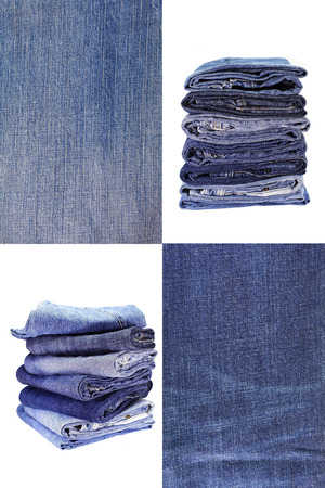 Collage of Jean texture and Stack of blue jeanの写真素材