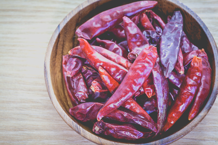 Dried chili pepper in wooden bowl on white backgroundの写真素材