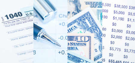 Collage set of Business and Finanical concept , US.Tax form , Dollar banknotesの写真素材