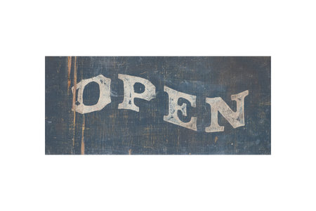 Wood open sign isolated on white backgroundの写真素材