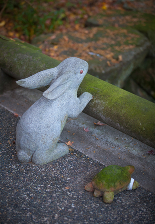 Rabbit and turtle stone doll in Japanese gardenの写真素材