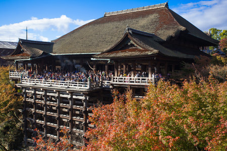 Wood pavilian and autumn tree in Kiyomizu temple at kyotoのeditorial素材