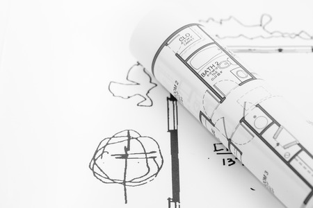 Architect rolls and plans , Architectural plan , Technical project drawingの写真素材