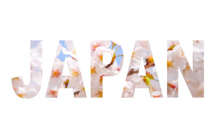 Japan country name sign with photo in background. Isolated on white backgroundの写真素材