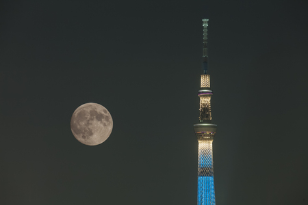 Tokyo night view with Tokyo sky tree and full moonのeditorial素材