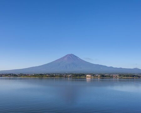 Panorama view of Mountain Fuji with reflection at Lake Kawaguchiko in summer  seasonの写真素材