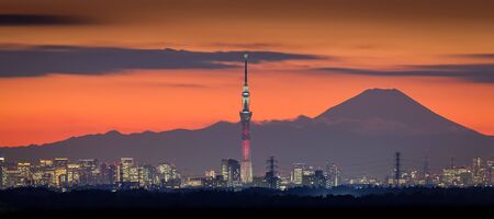 Tokyo night view with Mt.Fuji and Tokyo skytree landmarkのeditorial素材