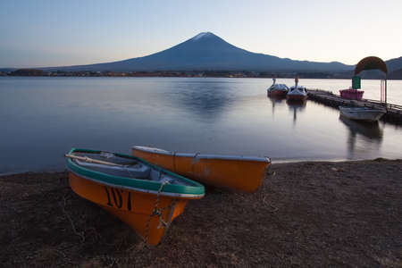 Mountain Fuji and Kawaguchiko lake in evening autumn seasonのeditorial素材