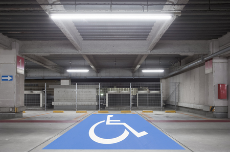 Parking garage underground interior, neon lights at nightのeditorial素材