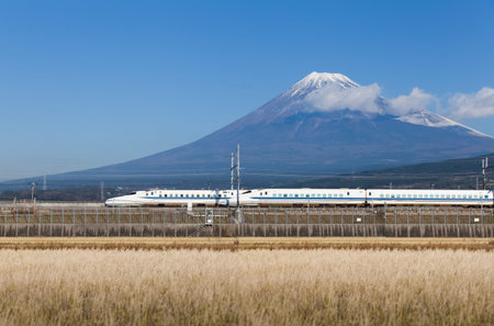 View of Mt Fuji and Tokaido Shinkansen, Shizuoka, Japanのeditorial素材