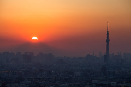 Fuji Diamond , Sunset at Top of Mt.Fuji and Tokyo city view in autumnのeditorial素材