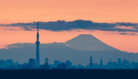 Tokyo night view with Mt.Fuji and Tokyo skytree landmarkのeditorial素材