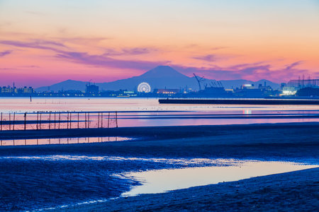 Tokyo bay and Mountain Fuji at beautiful twilightの写真素材