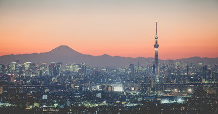 Tokyo city view and mountain fuji at sunsetのeditorial素材