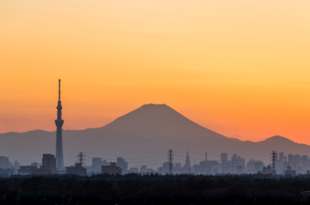 Tokyo Skytree and Mount Fuji at twilight time in winter season.のeditorial素材
