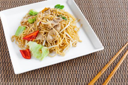 Homemade Fried egg noodle and mixed vegetableの写真素材