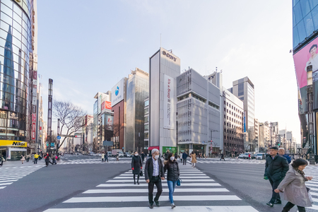 TOKYO, JAPAN - March 01 , 2017 : Cityscape in the Ginza District. The district offers high end retail shopping.のeditorial素材