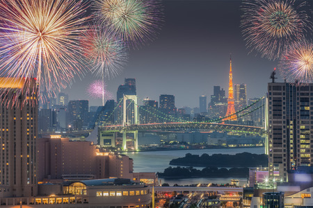 Tokyo city view and Tokyo tower with beautiful fireworksのeditorial素材