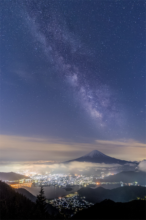 Mountain Fuji and Milkyway at Lake Kawaguchiko in spring seasonの写真素材