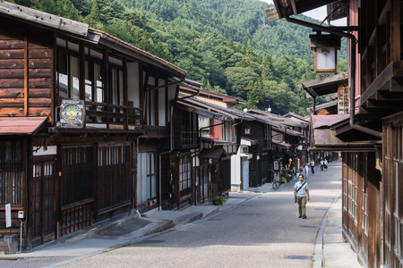 Narai-juku, Japan - September 4, 2017: Picturesque view of old Japanese town with traditional wooden architecture. Narai-juku post town in Kiso Valley, Japanのeditorial素材