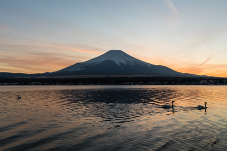 View of Mount Fuji and Lake Yamanakako in winter evening. Lake Yamanakako is the largest of the Fuji Five Lakes.の写真素材