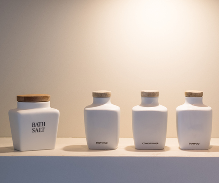 Ceramic bottle in bathroomの写真素材