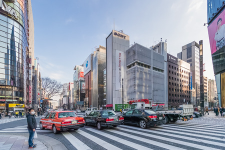 TOKYO, JAPAN - March 01 , 2017 : Cityscape in the Ginza District. The district offers high end retail shopping.のeditorial素材