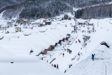 FUKUSHIMA, Japan - Dec 29, 2017: Winter Ouchijuku village is a fomer post town along the Aizu-Nishi Kaido trade route, which connected Aizu with Nikko during the Edo periodのeditorial素材