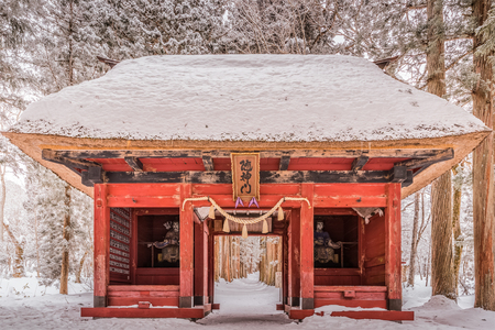 Japanese shrine gate in snow dayの写真素材