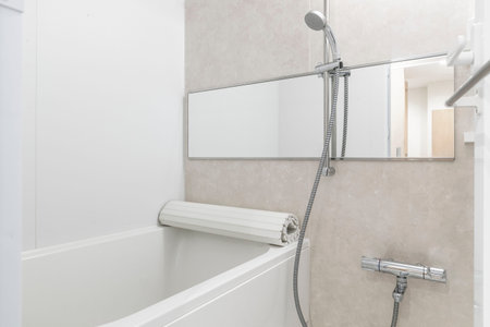 Large white bathtub in new modern bathroom