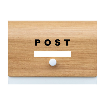 Brown wooden mailbox isolated on white backgroundの写真素材