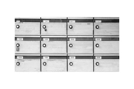Metal letter box with room number isolated on white background