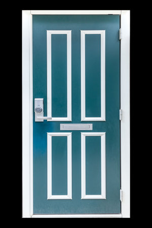 Green painted wood doors isolated on black background