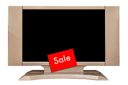 Sale sign on the flat screen TV isolated on white backgroundの写真素材